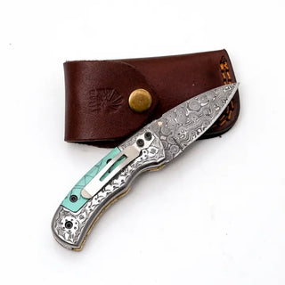 Damascus Pocket Folder Knife with Faux Turquoise Handle & Engraved Bolster by Titan TF-076
