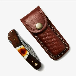 Walnut & Torched Bone Damascus Pocket Knife by Titan TK-415
