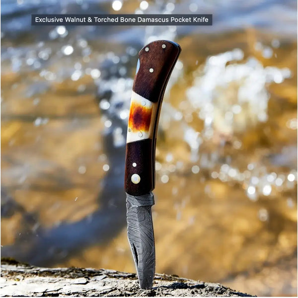 Walnut & Torched Bone Damascus Pocket Knife by Titan TK-415