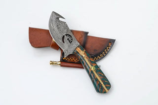 Damascus Gut Hook Hunting Knife with Green & Bronze Resin Handle by Titan TK-423