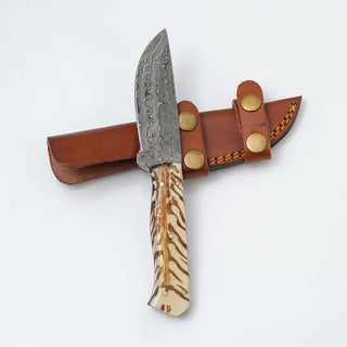 Damascus Steel Knife with Camel Bone Handle & Leather Sheath by Titan TK-426