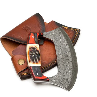 Hand-Forged Damascus Ulu Knife with Leather Sheath by Titan TK-458