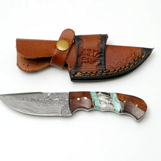 Hand-Forged Damascus Steel Field Knife | Custom Hybrid Wood & Turquoise Handle | Premium Outdoor Utility Gear TK-459
