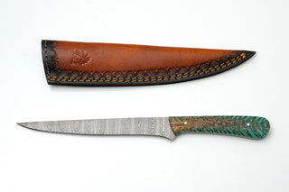 Hand-Forged Damascus Steel Fillet Knife with Teal Pine Cone Resin Handle by Titan TK-469
