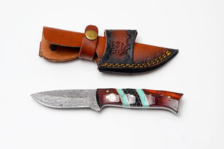 Damascus Steel Drop Point Hunter with Rosewood, Faux Turquoise & Black Honeycomb Handle by Titan TK-489