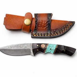 Damascus Steel Drop Point Hunter Wood & Turquoise Inlay Handle by Titan TK-491