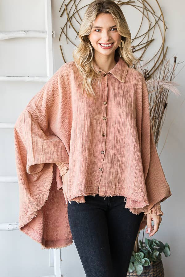 Mineral Washed Button Down Crinkled Oversized Top - Pink