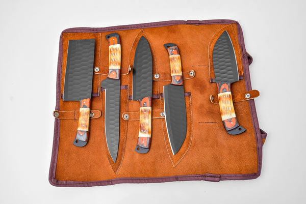 5 Piece Knife Set w/leather carry bag- Burnt bone handle