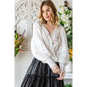 V-Neck Crop Wrap Smocked Cuffs Long Sleeve Blouse