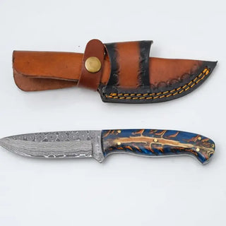 Damascus Steel Knife with Blue Pine Cone Handle & Leather Sheath by Titan TK-427