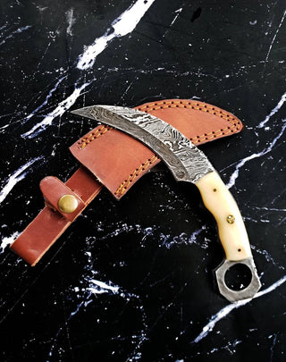 Curved Damascus Steel Blade with Camel Bone Handle