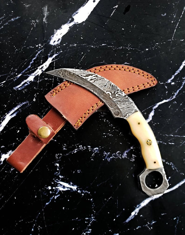 Curved Damascus Steel Blade with Camel Bone Handle