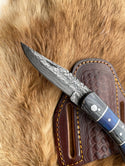 TF-082 Pocket Knife Grey and Blue Wood 6.5'' Damascus Steel