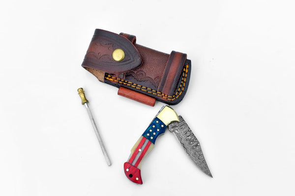 TF-055 Damascus Steel Pocket Knife Limited Run Titan Patriot