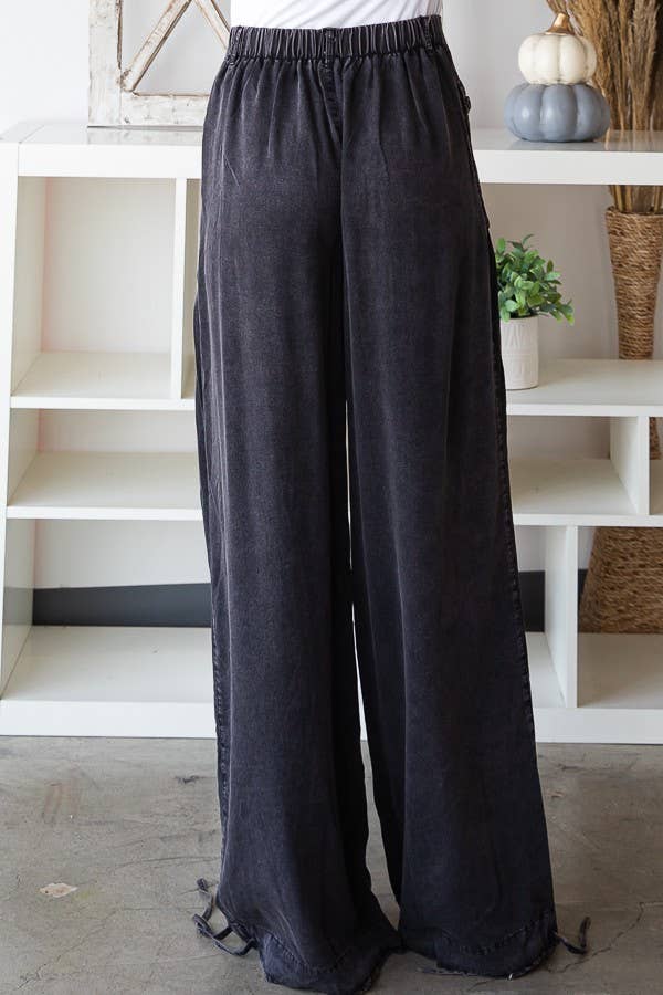 WASHED COLOR TENCEL 3D POCKET WIDE PANTS - Black