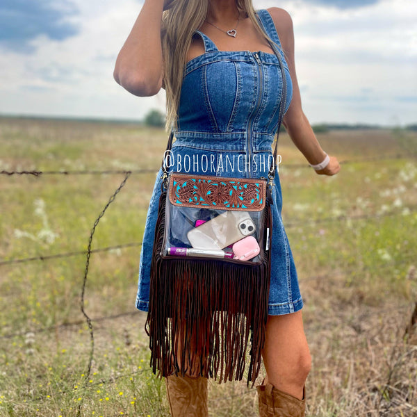 Hand Tooled Clear Purse Crossbody - Concert / Game Day / Stadium Bag