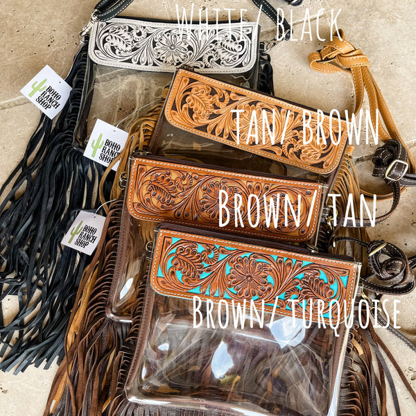 Hand Tooled Clear Purse Crossbody - Concert / Game Day / Stadium Bag