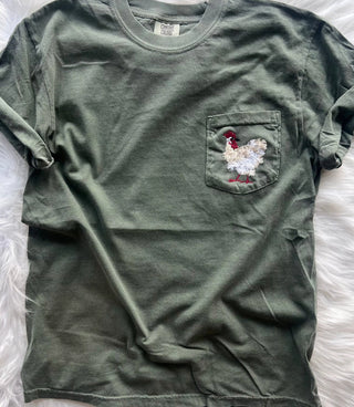Mother Clucker Embroidered Fuzzy Chicken Pocket Comfort Color Tee