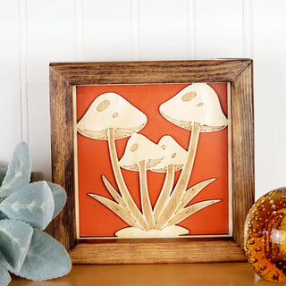 Wooden Mushroom Framed Decor Accent Wall Art or Tabletop