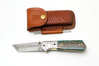 Damascus Steel Tanto Folding Knife with Green Pine Cone Handle by Titan TK-485