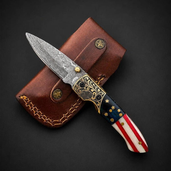 Damascus Steel Folding Pocket Knife Patriotic Edition with Leather Sheath by Titan TF-102