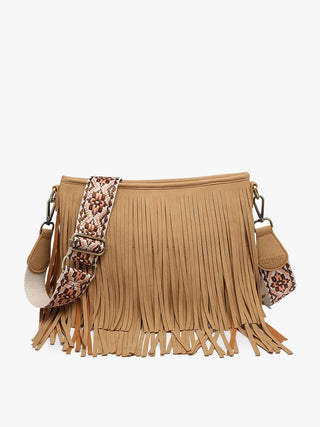 Buy tan Sadie Suede Fringe Crossbody w/ Guitar Strap