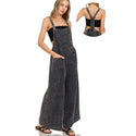 Washed Double Gauze Elastic Waist Wide Leg Overalls