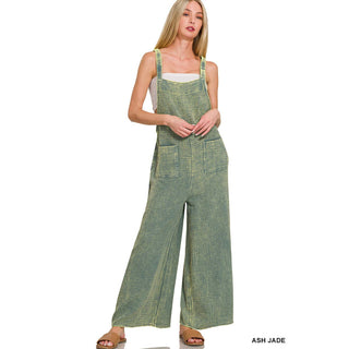 Washed Double Gauze Elastic Waist Wide Leg Overalls