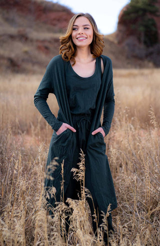 Set to Go Textured Jumpsuit And Cardigan Set - Deep Green