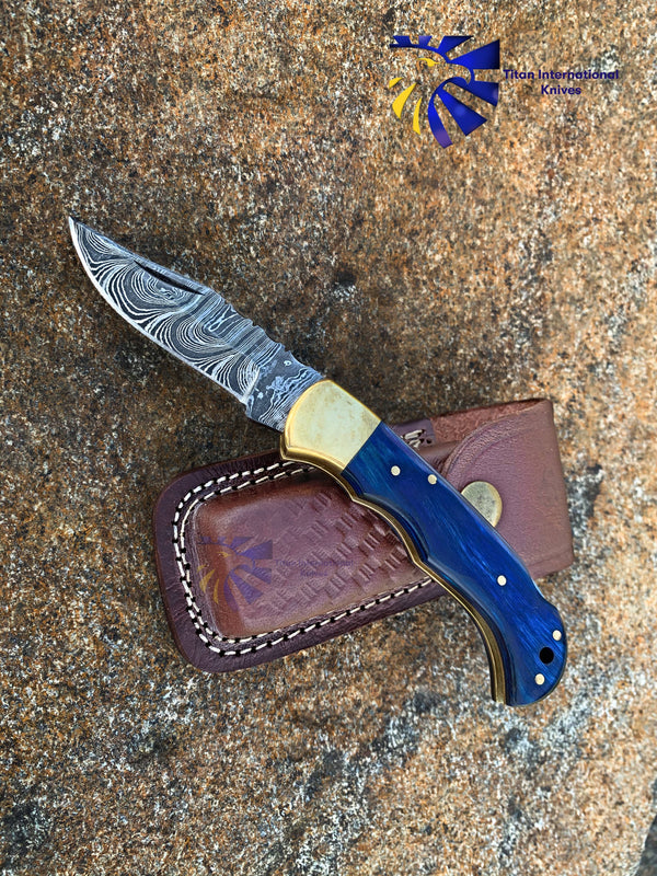 Damascus Steel Blue Diamond Wood Folding Knife