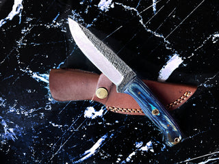 Damascus Azura Hunting Knife - Blue Wood Handle