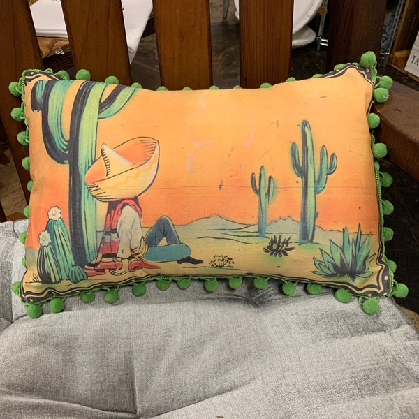 Cactus Vintage Image Pillow with Pom Fringe