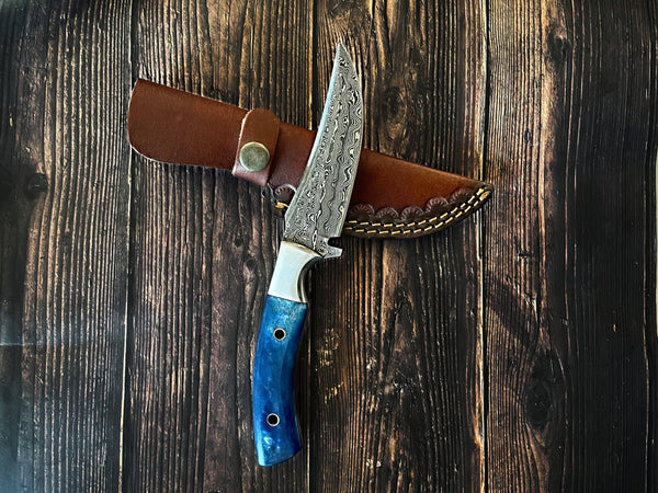 Damascus Hunting Camp Knife - Dyed Blue Bone Handle