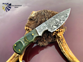 TD-227 Damascus Steel Hunting Fixed Blade Knife - Green Micarta Handle